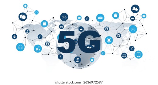 An illustration of 5G wireless network technology and Internet of Things (IoT), featuring a global world map background, connected smart devices, and icons for mobility, communication, and automation