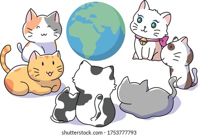 Illustration of 6 cats and the world Isolated on white background