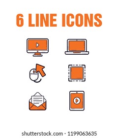 Illustration 6 line icons. Editable set of computer, mouse, cursor, email and other elements.