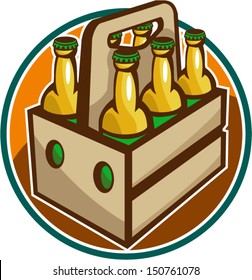 Illustration of a 6 pack case crate of beer set inside circle done in retro style.