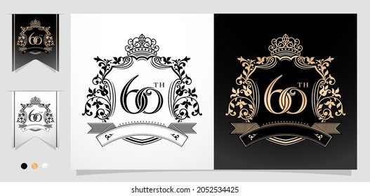 illustration of 60th anniversary symbol with royal crown design emblems, two variation gold and monochrome design isolated black and white backgrounds. applicable for greeting cards, invitation etc.