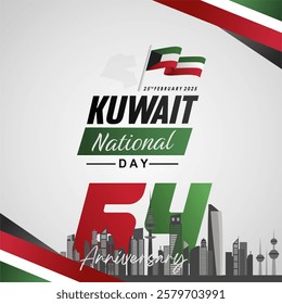 Illustration of 64th Anniversary of Kuwait national day 25th February 2025 with 64 logo, city skyline and waving flag. Kuwait background  with skyline and national flag. Modern vector illustration