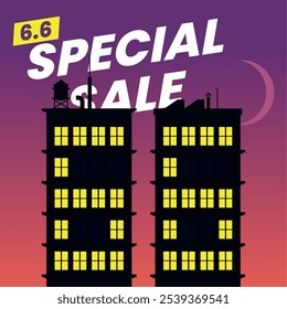 Illustration of an 6.6 Special Sale night cityscape. Two tall buildings with glowing windows form the number '66' against a purple evening sky, adding a unique urban flair.