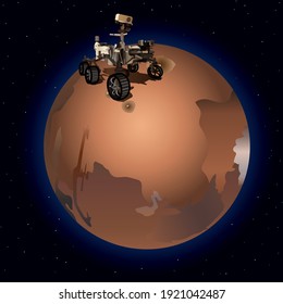 Ilustración de un vuelante de 6 ruedas en la superficie del planeta rojo. El planeta Marte.