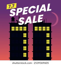 Illustration of an 7.7 Special Sale night cityscape. Two tall buildings with glowing windows form the number '88' against a purple evening sky, adding a unique urban flair.