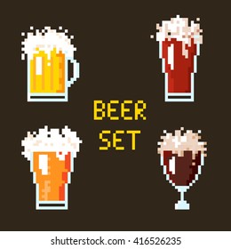 Illustration 8 bit cartoon pixel art set of beer goblets with lettering isolated on brown background / vector eps 10