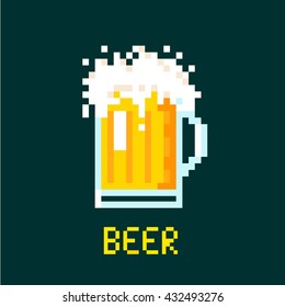 Illustration 8 bit cartoon pixel art of beer goblet with lettering isolated on green background / vector eps 10