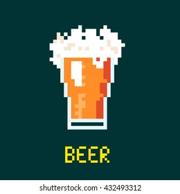 Illustration 8 bit cartoon pixel art of beer goblet with lettering isolated on green background / vector eps 10
