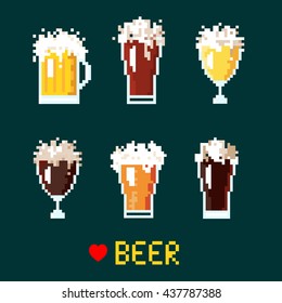 Illustration 8 bit cartoon pixel art set of beer goblets with heart symbol and lettering Love beer isolated on green background / vector eps 10