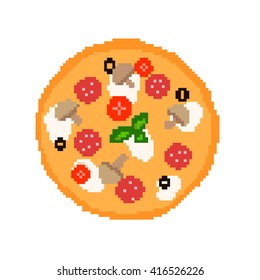 Illustration 8 bit pixel art cartoon food pizza with salami tomatoes mushrooms olives mozzarella basil baked isolated on white background / vector eps 10