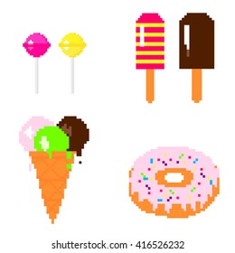 Illustration 8 bit pixel art set sweets lollipop pink and yellow ice cream chocolate donut isolated on white background / vector eps 10