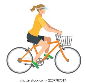 Illustration of an 8 life-sized Caucasian woman riding a bicycle. Bicycle commuting, health promotion, ecology, sports