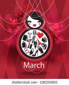 Illustration for 8 March styled as russian babushka doll with favorite woman things