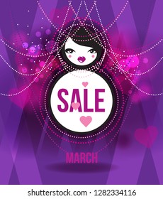 Illustration for 8 March styled as russian babushka doll with Sale sign.