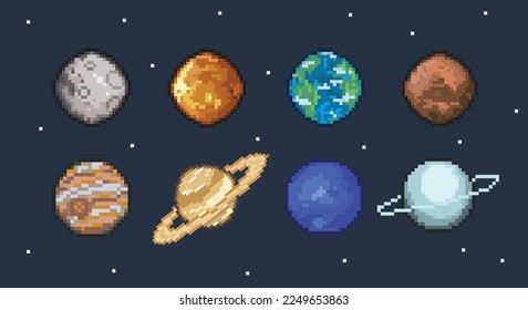 illustration of 8 planets in pixel art - vector