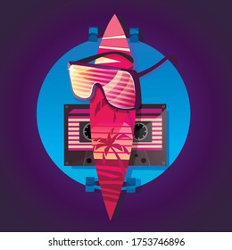 Illustration with 80's items: Sunglasses,a longboard, and a vintage audio cassette.