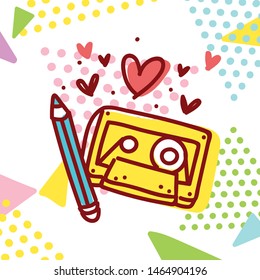 Illustration in 80s theme style: pencil   retro music cassette and hearts  Hand drawn art in cartoon style for web  print  poster  banner  card bright abstract background