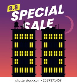 Illustration of an 8.8 Special Sale night cityscape. Two tall buildings with glowing windows form the number '88' against a purple evening sky, adding a unique urban flair.