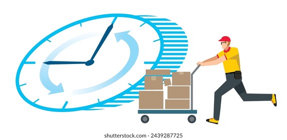 Illustration of an 8th class Caucasian man carrying luggage on a trolley. Time, clock background. flat design. Image of delivery transportation and courier logistics