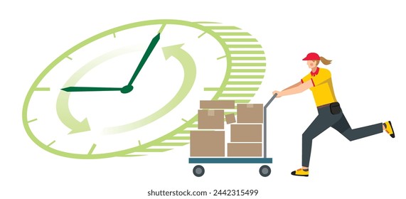 Illustration of an 8th class Caucasian woman carrying luggage on a trolley. Time, clock background. flat design. Image of delivery transportation and courier logistics