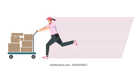 Illustration of an 8th grade Asian woman carrying luggage on a trolley speed line background. flat design. Image of delivery transportation and courier logistics