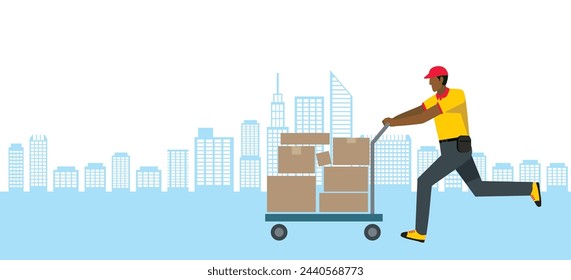 Ilustración de un hombre negro de octavo grado llevando equipaje en un carrito. Fondo de paisaje urbano. diseño plano. Imagen de transporte de entrega y logística de mensajería