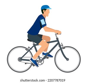Illustration of an 8th life Asian man riding a bicycle. Bicycle commuting, health promotion, ecology, sports