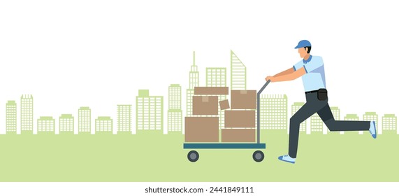 Illustration of an 8th-sized Asian man carrying luggage on a trolley. Cityscape background. flat design. Image of delivery transportation and courier logistics