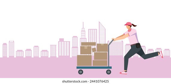 An illustration of an 8th-sized Asian woman carrying luggage on a trolley. Cityscape background. flat design. Image of delivery transportation and courier logistics