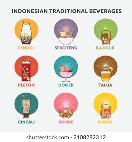 The illustration of 9 Indonesian traditional beverages are Cendol, Sekoteng, Bajigur, Pletok, Doger, Talua, Cincau, Ronde, and Uwuh . Retro design style.