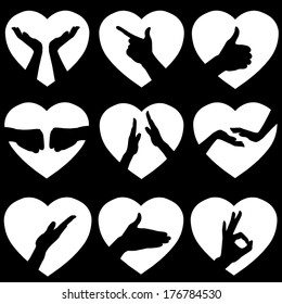 Illustration of 9 White Hearts with Black Hand Silhouettes, Vector