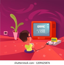 Illustration of a 90's gamer boy playing on console
