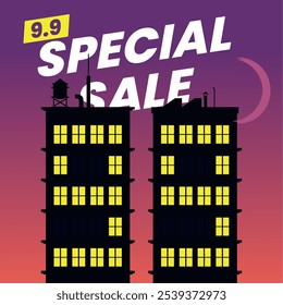 Illustration of an 9.9 Special Sale night cityscape. Two tall buildings with glowing windows form the number '99' against a purple evening sky, adding a unique urban flair.