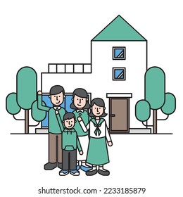 It is an illustration (A type) of a simple house and a family of four.