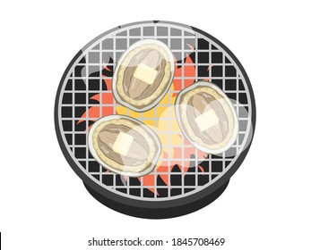 Illustration of abalone grilled with butter on a shichirin.