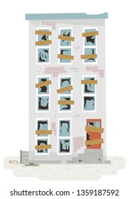 Illustration of an Abandoned Building with Broken Window Glasses and Wooden Planks