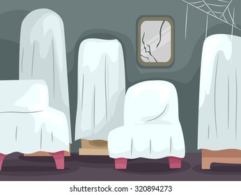 Illustration of Abandoned Home Furniture Covered with White Sheets