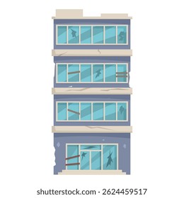 Illustration of an abandoned office building with broken windows, peeling paint, and cracked walls