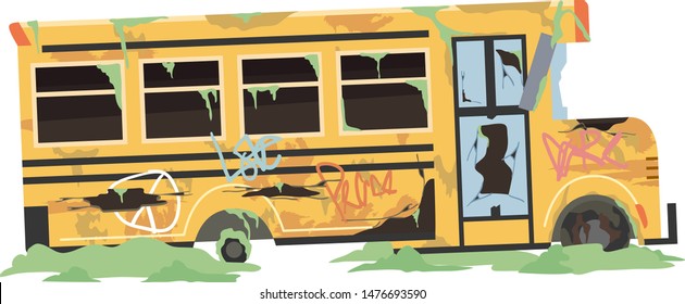 Illustration of an Abandoned School Bus with Broken Glasses