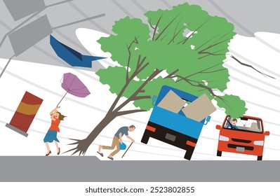 Illustration of abnormal weather, pedestrians blown by gusts of wind, cars and fallen trees