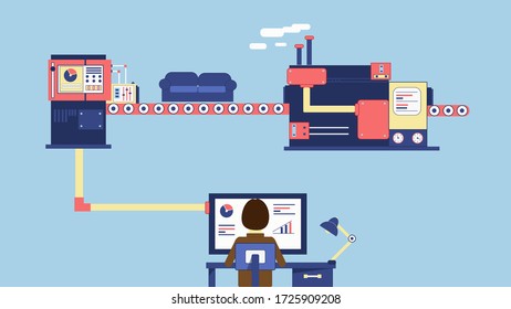 Illustration about automation of furniture production. Man runs a business using computer