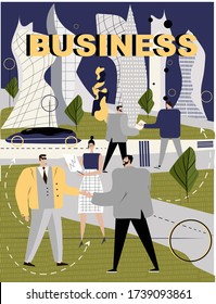 Illustration about business. Vector image with businessmen, modern city, machine for printing, website, books, business, advertising.