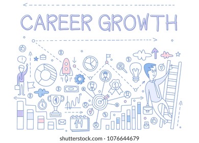 Illustration about career growth with man on ladder.