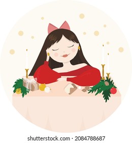 Illustration about Christmas holidays. Pretty girl sitting at the table with Christmas items in red dress. Christmas background.