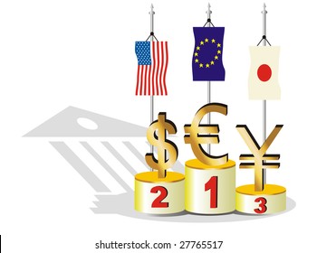 Illustration about the competition between the euro, dollar and yen in economic crisis times.