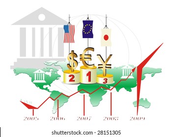 Illustration about the competition between the euro, dollar and yen in economic crisis times. The viewers are: two small banks and the World Bank.