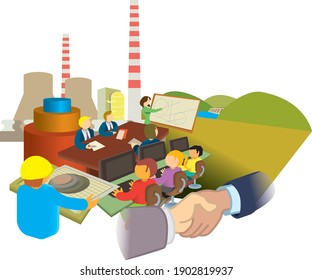 Ilustración sobre el proceso de construcción en la que se describen las sesiones de información, los acuerdos y las etapas de ingeniería.