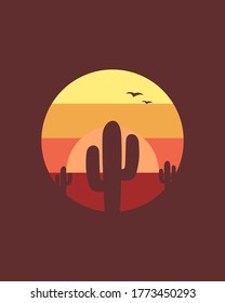 An illustration about dessert, cactus and the beautiful sunset landscape icon vector design.