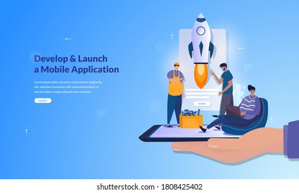 Illustration about develop and launch a mobile application concept