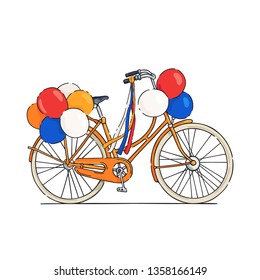 Illustration about Dutch King's Day featuring an orange bicycle decorated with balloons and ribbons  in color of Dutch flag. Vector.